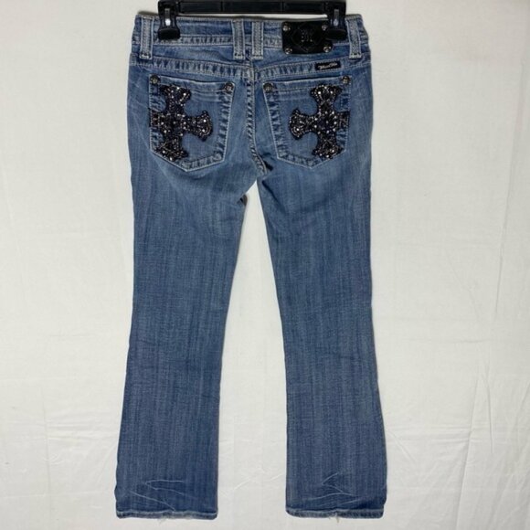 SOLD-Miss Me Med Wash Low Rose Sparkly Cross Pocket Boot Cut Jeans JP4788-3R 27 - Picture 1 of 14
